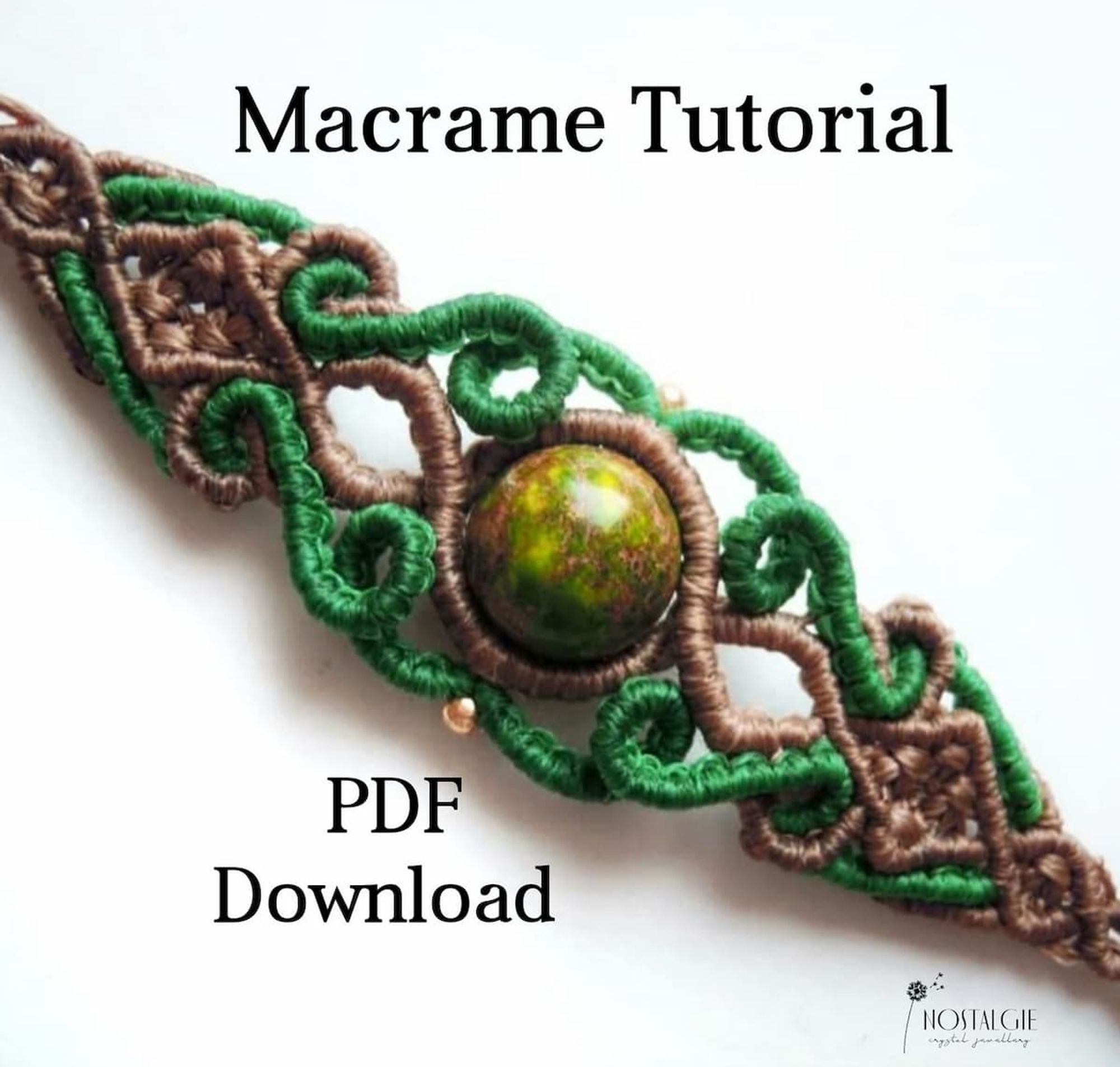 micromacrame bracelet in colors of green and brown with a round green and brown bead in the center