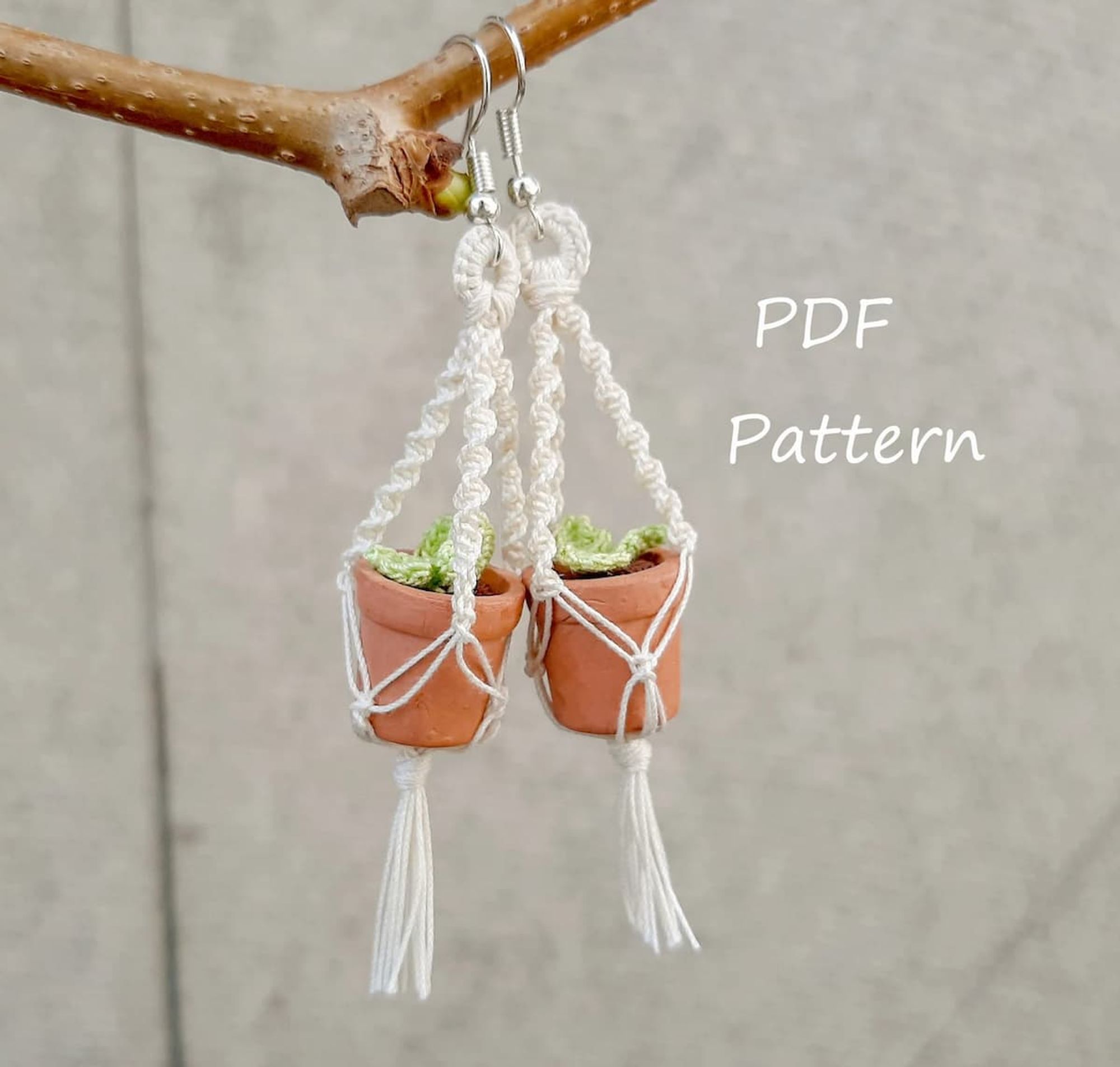 mini micro macrame plant hanger earrings with tiny flower pots inside