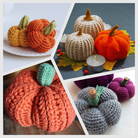 A collection of various crochet pumpkins in different sizes and styles, showcasing a range of free patterns for fall crafting.