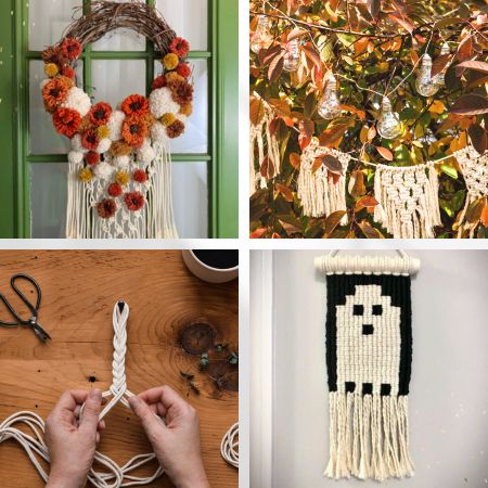 A collection of fall-themed macrame crafts including pumpkins, wreaths, and other DIY decor ideas.