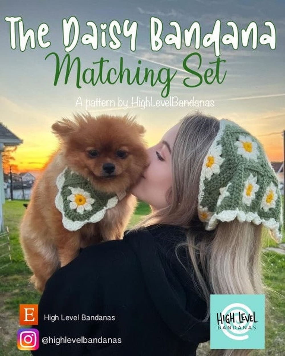 Girl and Brown Pomeranian wearing matching daisy bandanas made with green, white and yellow yarn - Daisy Bandana Matching Set - Crochet PDF Pattern