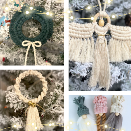 Collection of DIY macramé Christmas ornaments including gnomes, snowflakes, stars, christmas tree, santa claus, showcasing various festive designs.