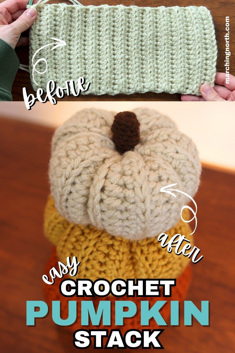 Pinterest pin for crochet pumpkin stack