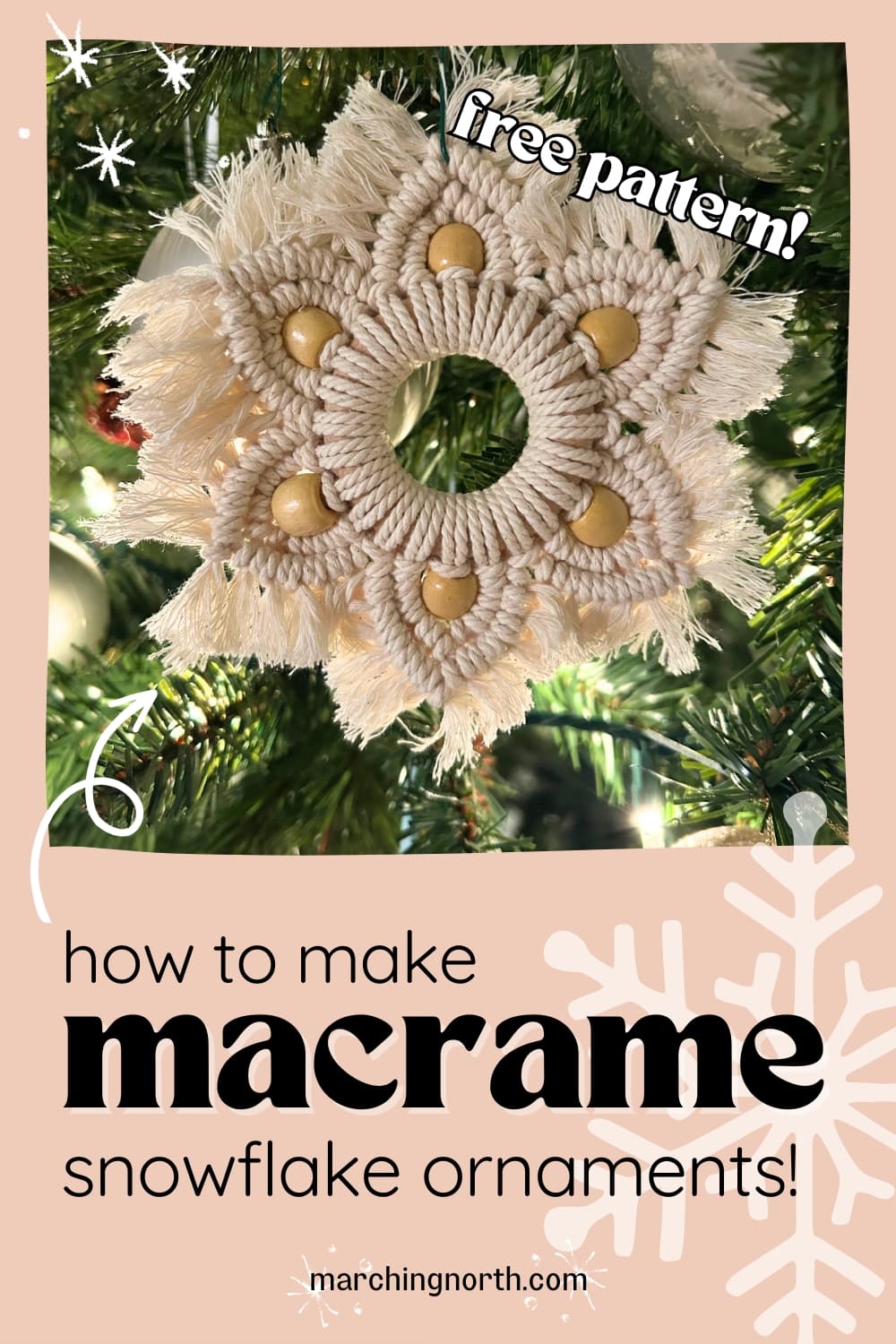 Pinterest pin for macrame snowflake ornament post