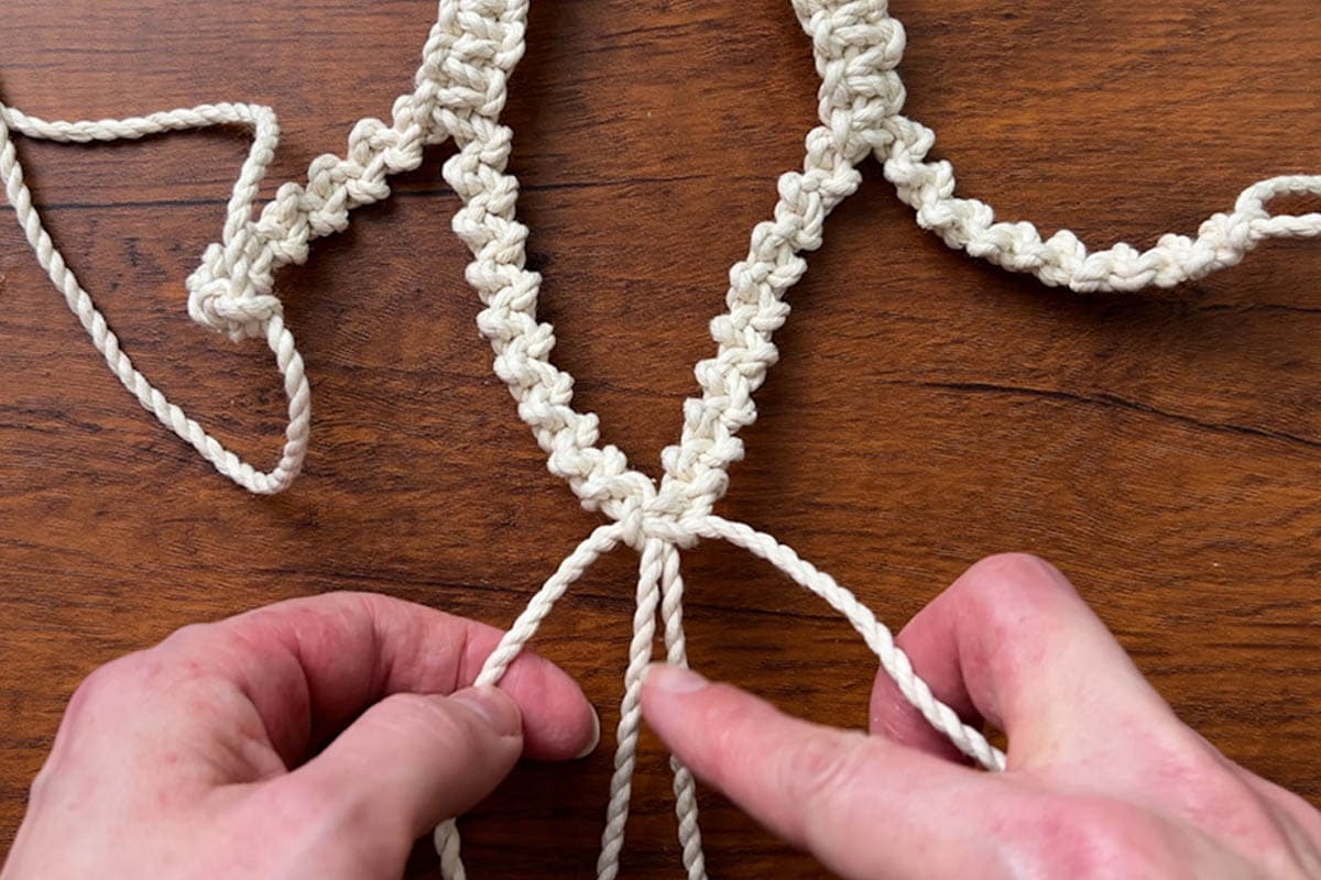 attaching the basket sections together with square knots